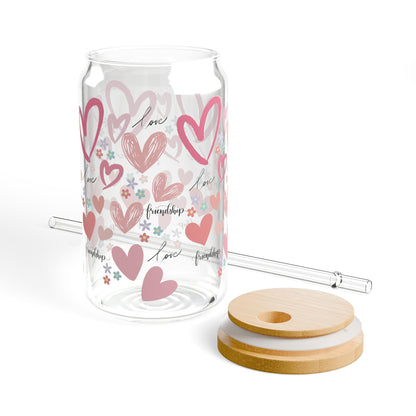 "Pink Hearts Love & Friendship" Sipper Glass, 16oz